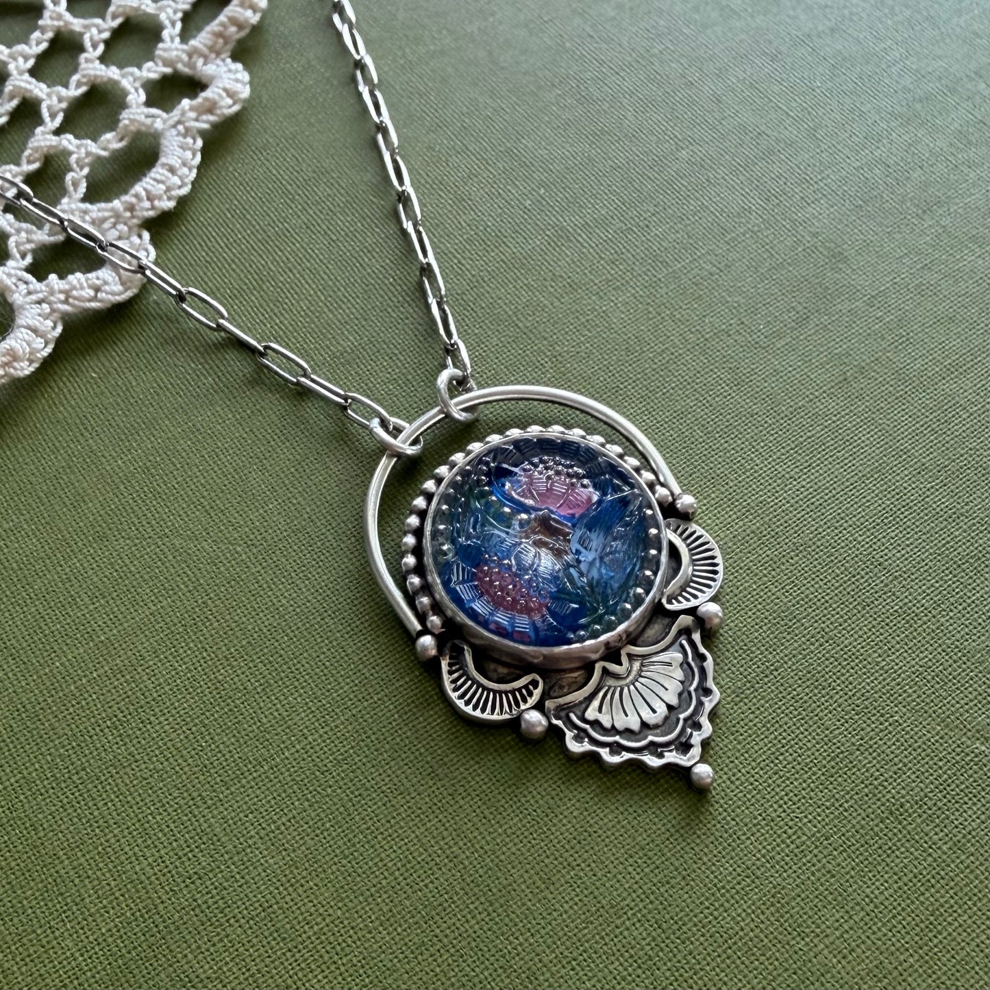 Blue & Pink Floral Glass Button Necklace