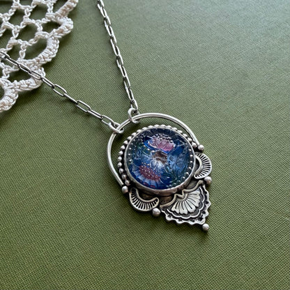 Blue & Pink Floral Glass Button Necklace