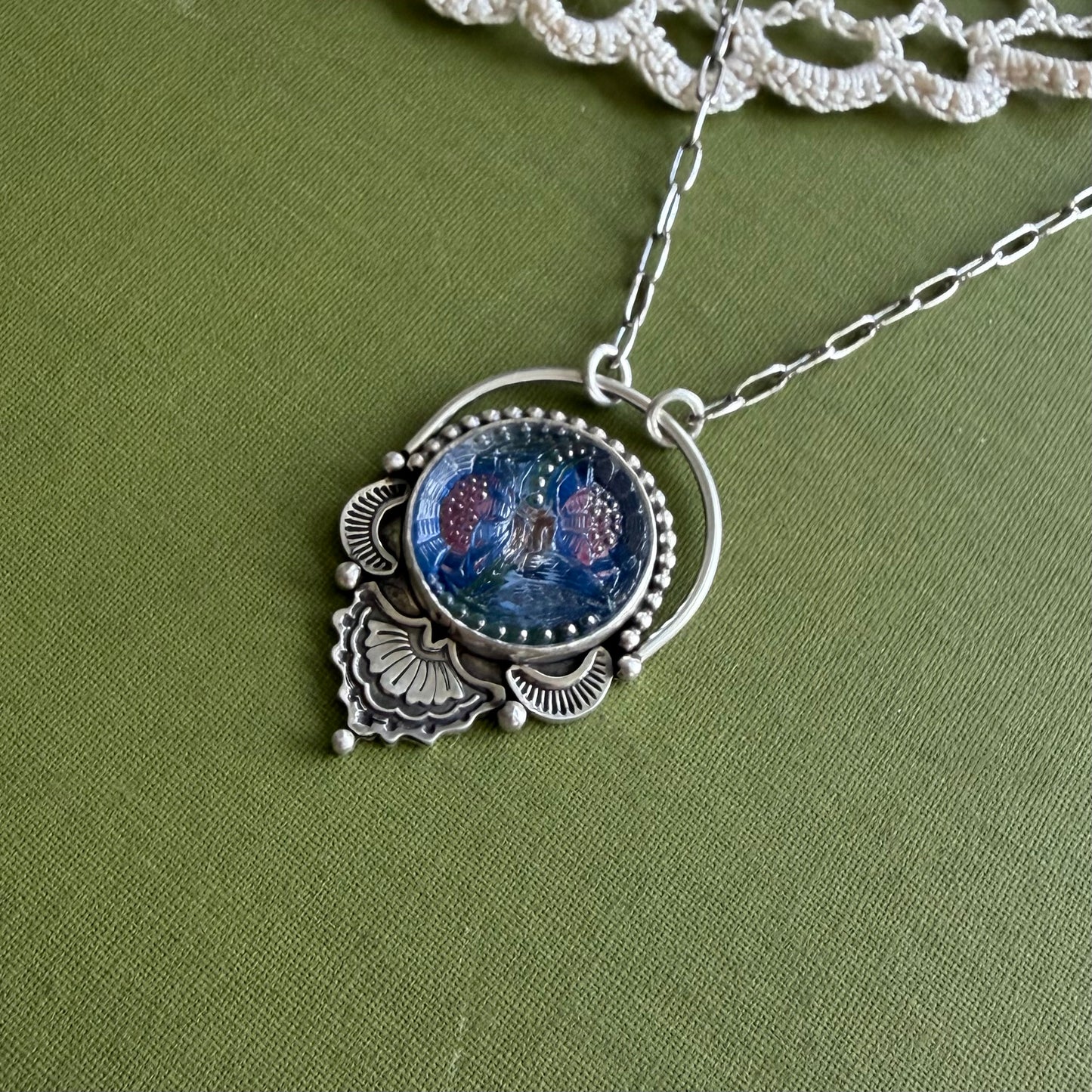 Blue & Pink Floral Glass Button Necklace