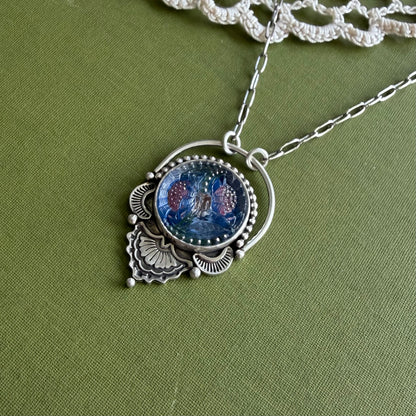Blue & Pink Floral Glass Button Necklace