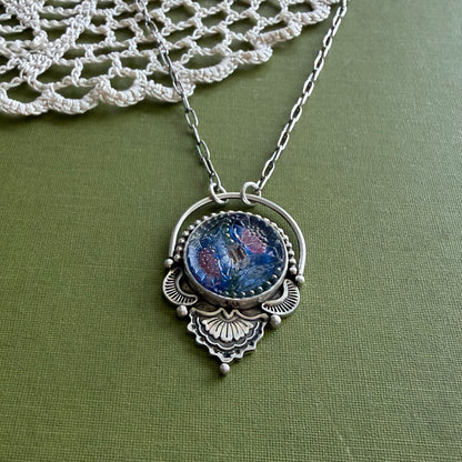 Blue & Pink Floral Glass Button Necklace