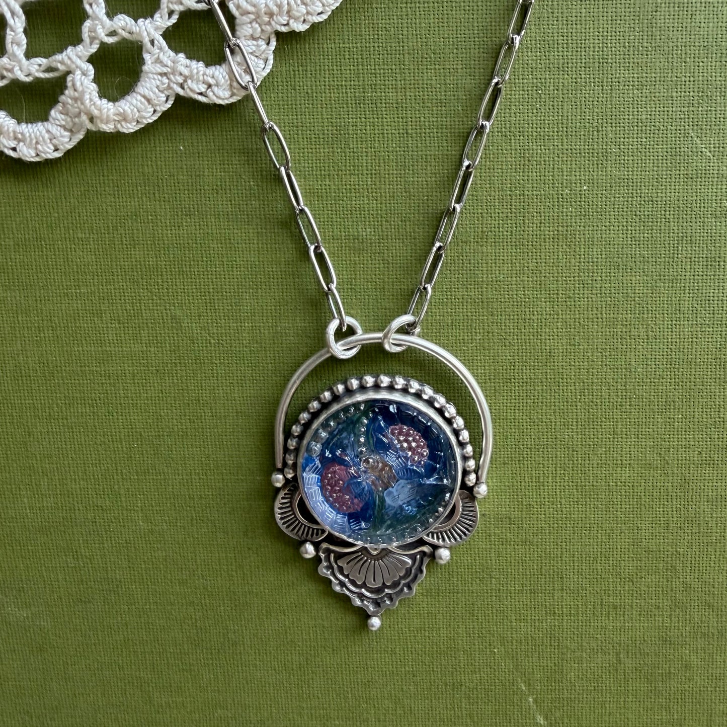 Blue & Pink Floral Glass Button Necklace