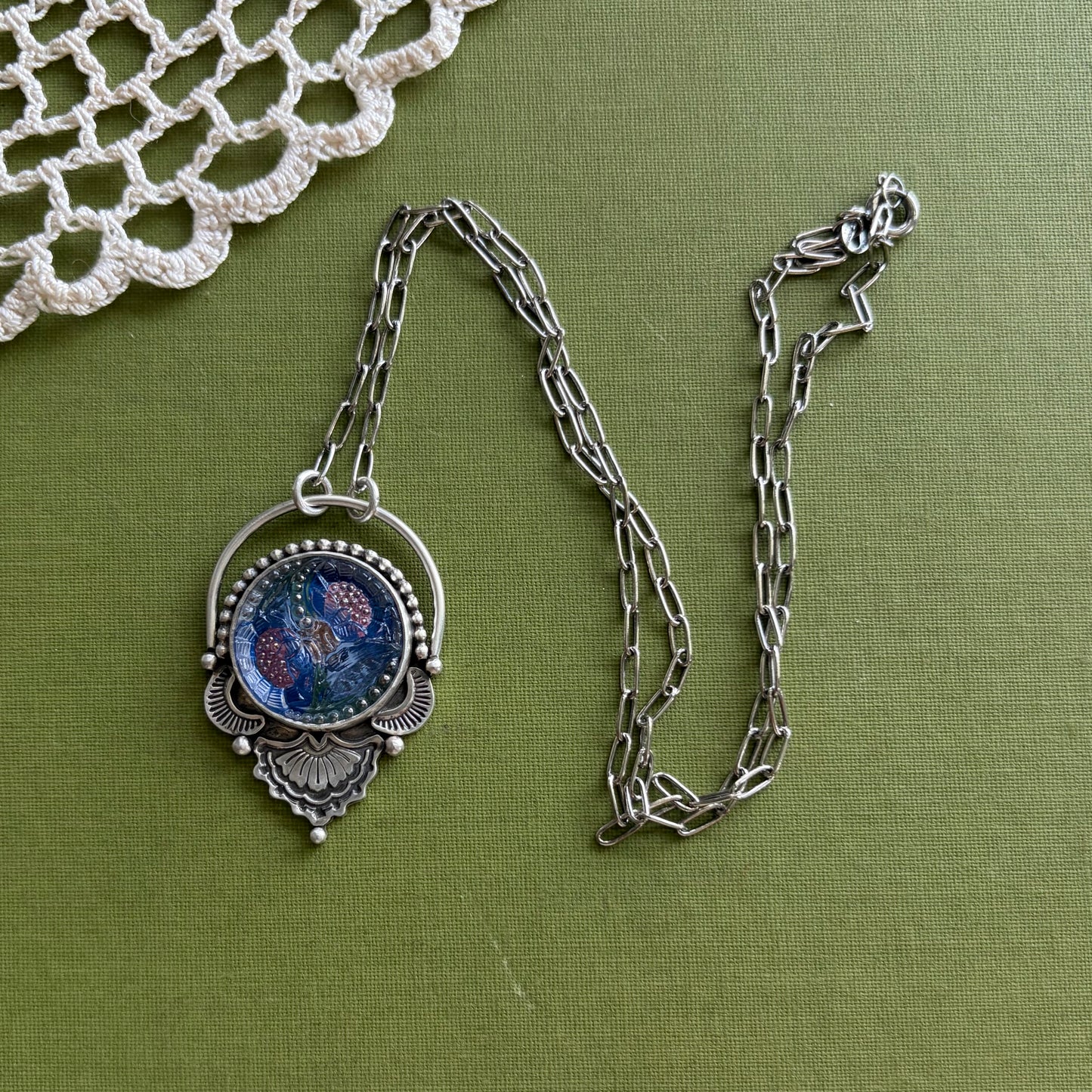 Blue & Pink Floral Glass Button Necklace