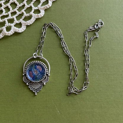 Blue & Pink Floral Glass Button Necklace
