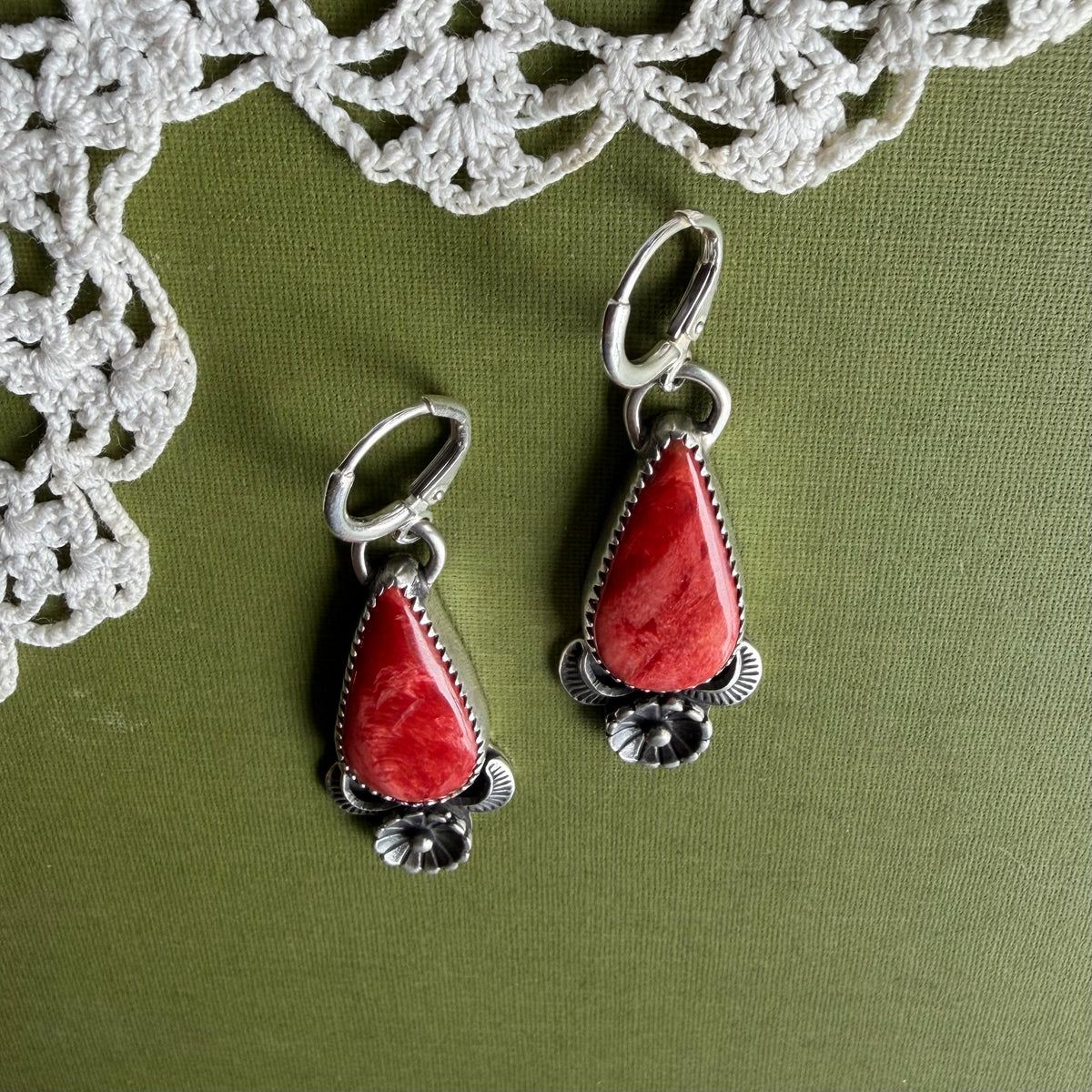 Red Spiny Oyster Earrings with Flower Detail