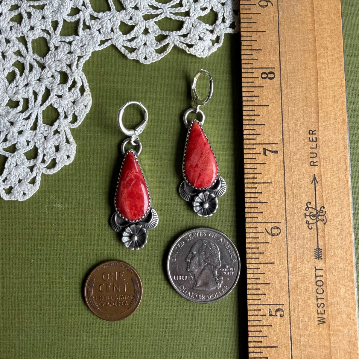 Red Spiny Oyster Earrings with Flower Detail