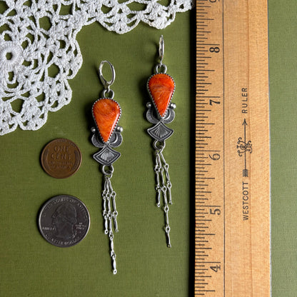 Orange Spiny Oyster Earrings with Chain Detail