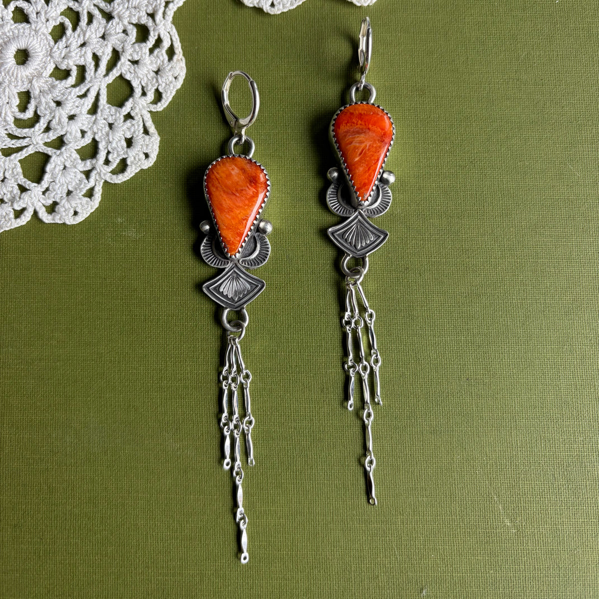 Orange Spiny Oyster Earrings with Chain Detail
