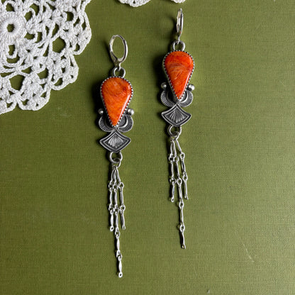 Orange Spiny Oyster Earrings with Chain Detail