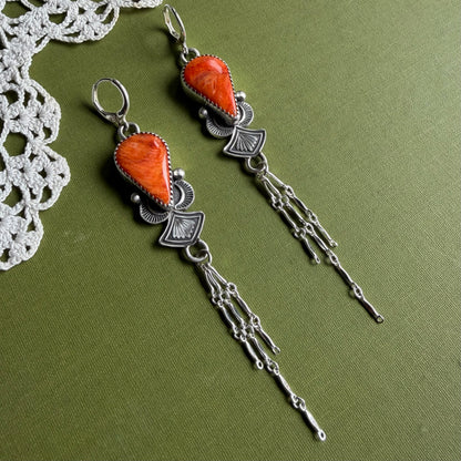 Orange Spiny Oyster Earrings with Chain Detail