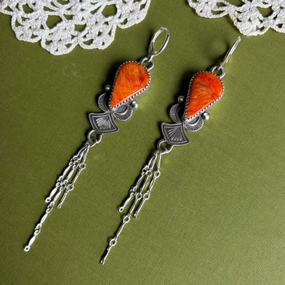 Orange Spiny Oyster Earrings with Chain Detail