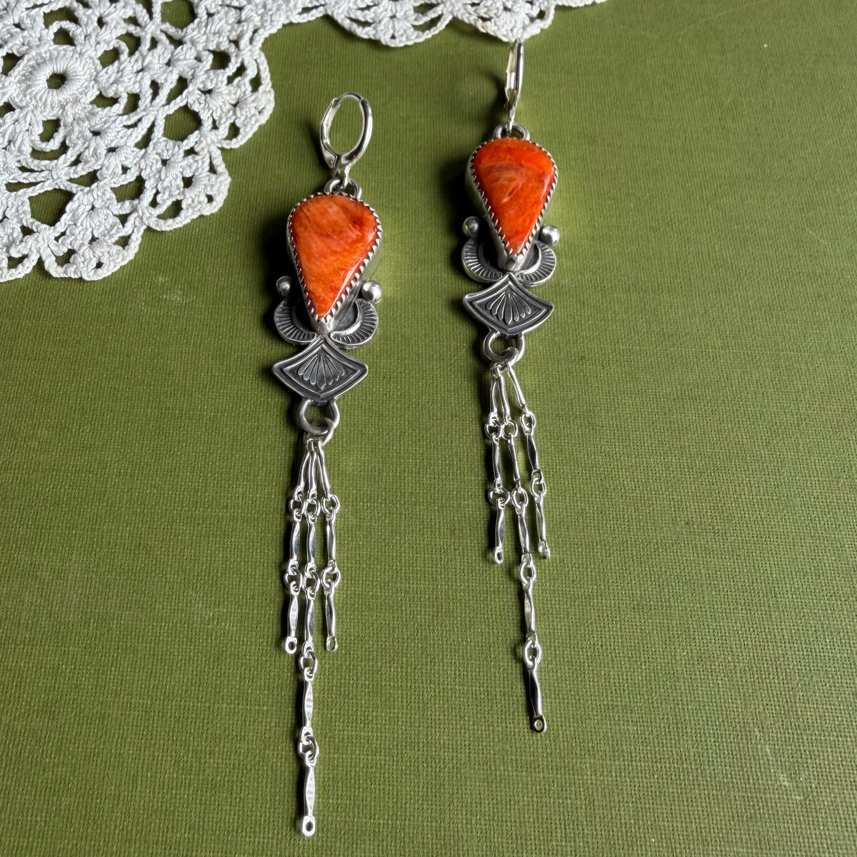 Orange Spiny Oyster Earrings with Chain Detail