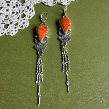 Orange Spiny Oyster Earrings with Chain Detail