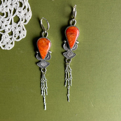 Orange Spiny Oyster Earrings with Chain Detail