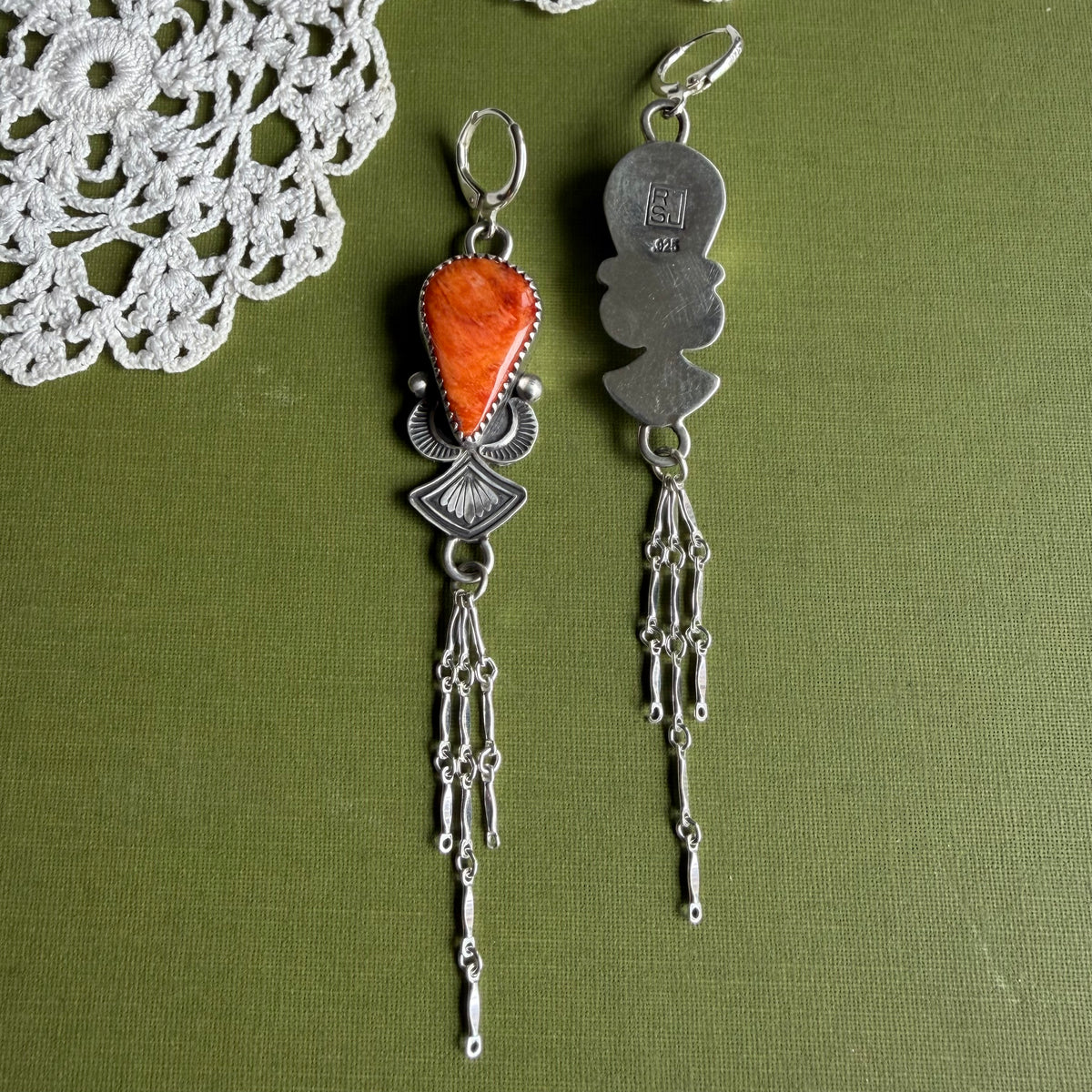 Orange Spiny Oyster Earrings with Chain Detail