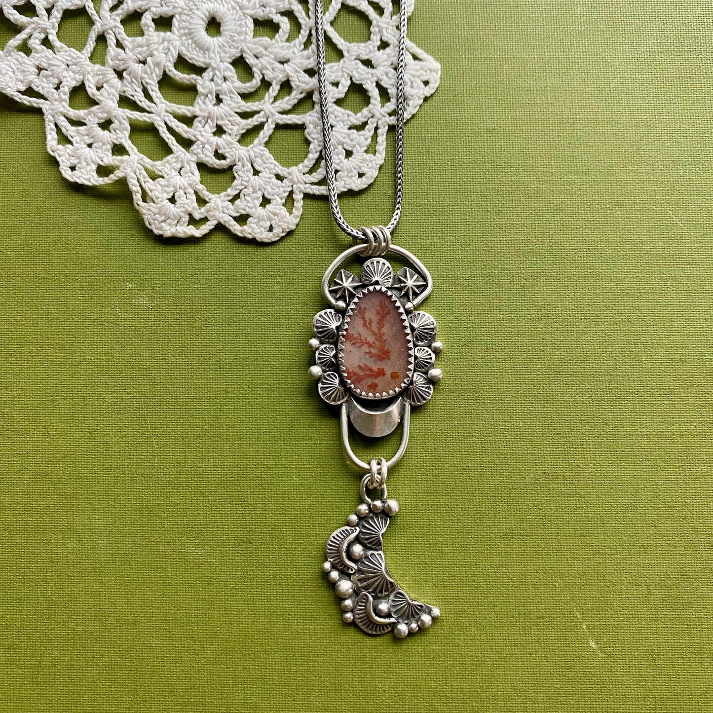 Orange Dendritic Agate Pendant with Moon Drop