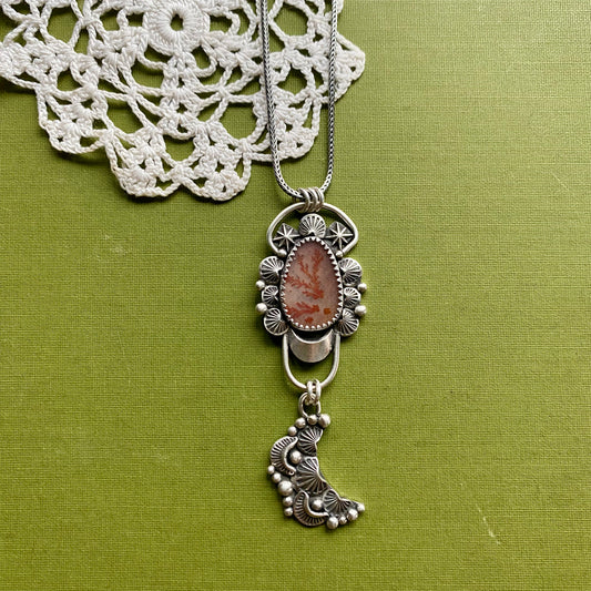 Orange Dendritic Agate Pendant with Moon Drop