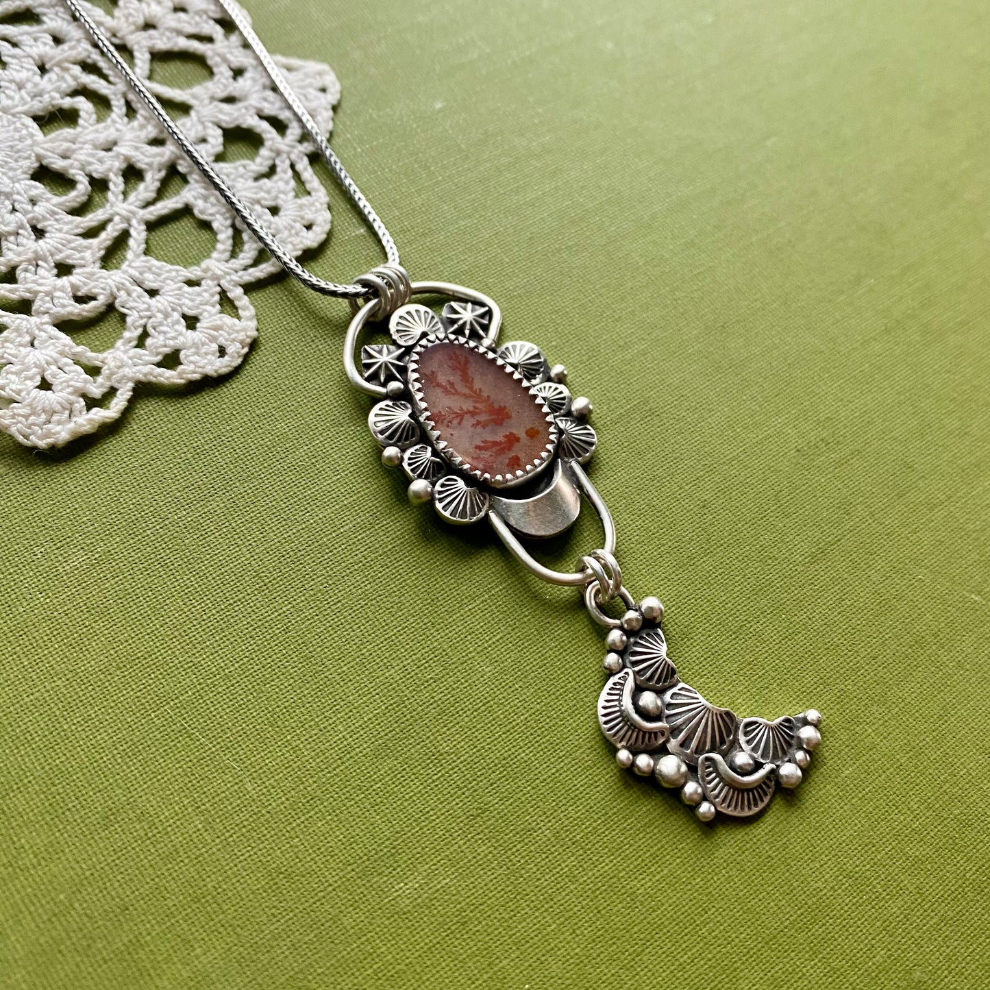 Orange Dendritic Agate Pendant with Moon Drop