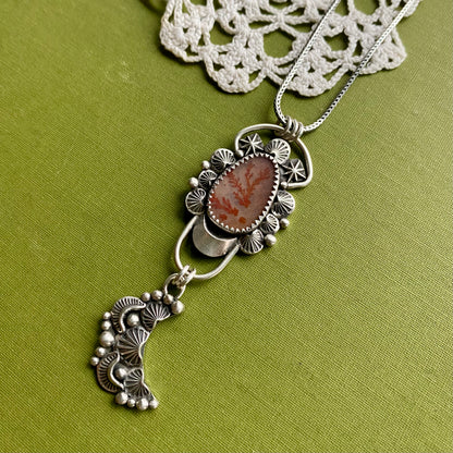 Orange Dendritic Agate Pendant with Moon Drop