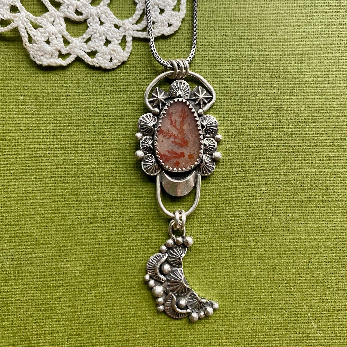 Orange Dendritic Agate Pendant with Moon Drop