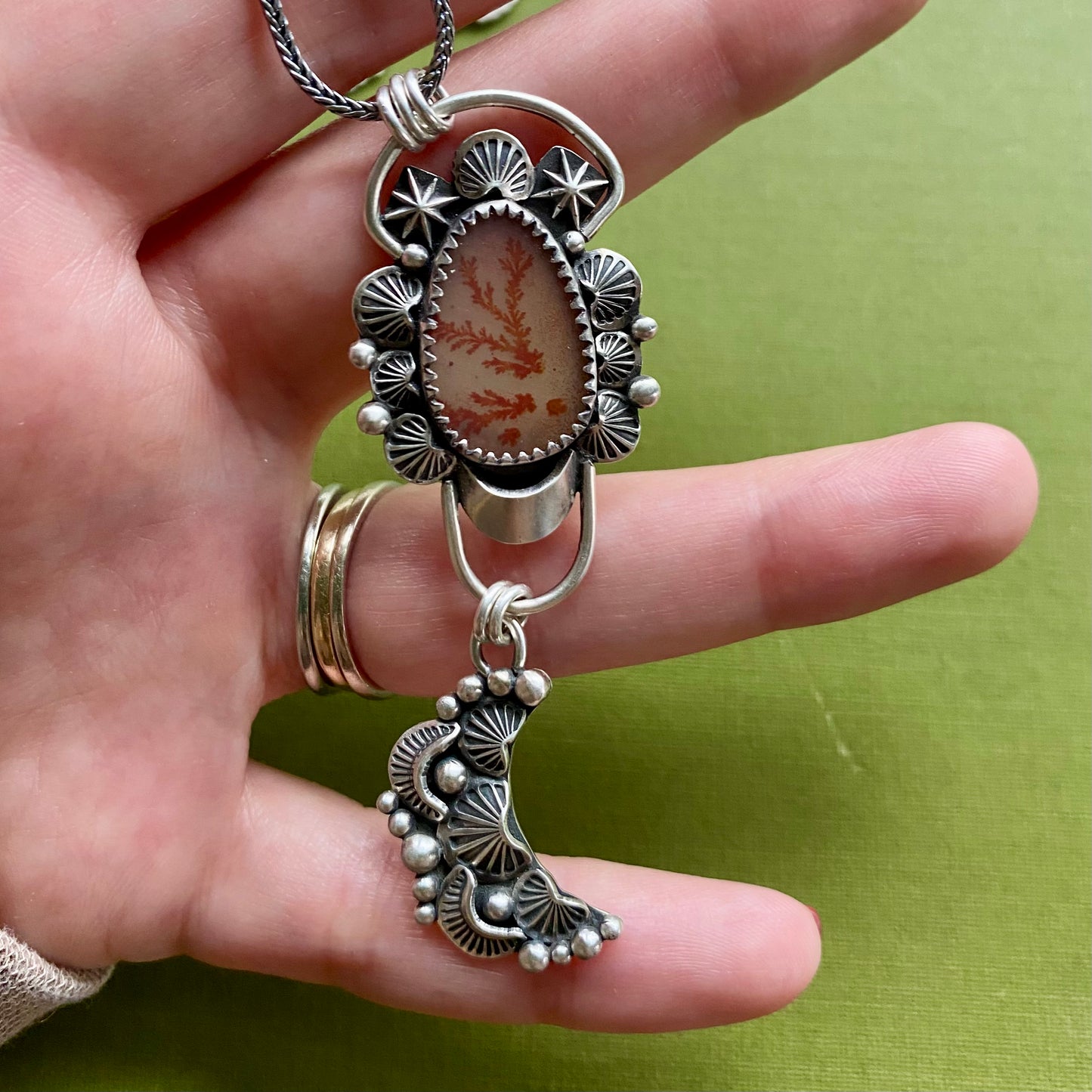 Orange Dendritic Agate Pendant with Moon Drop