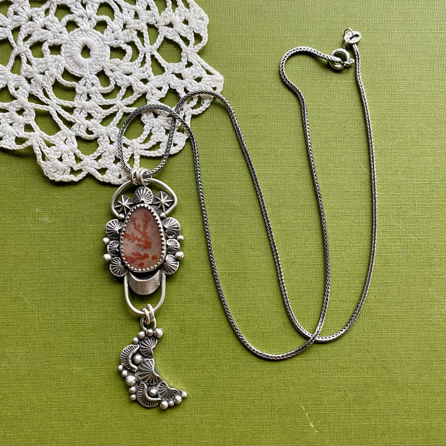 Orange Dendritic Agate Pendant with Moon Drop