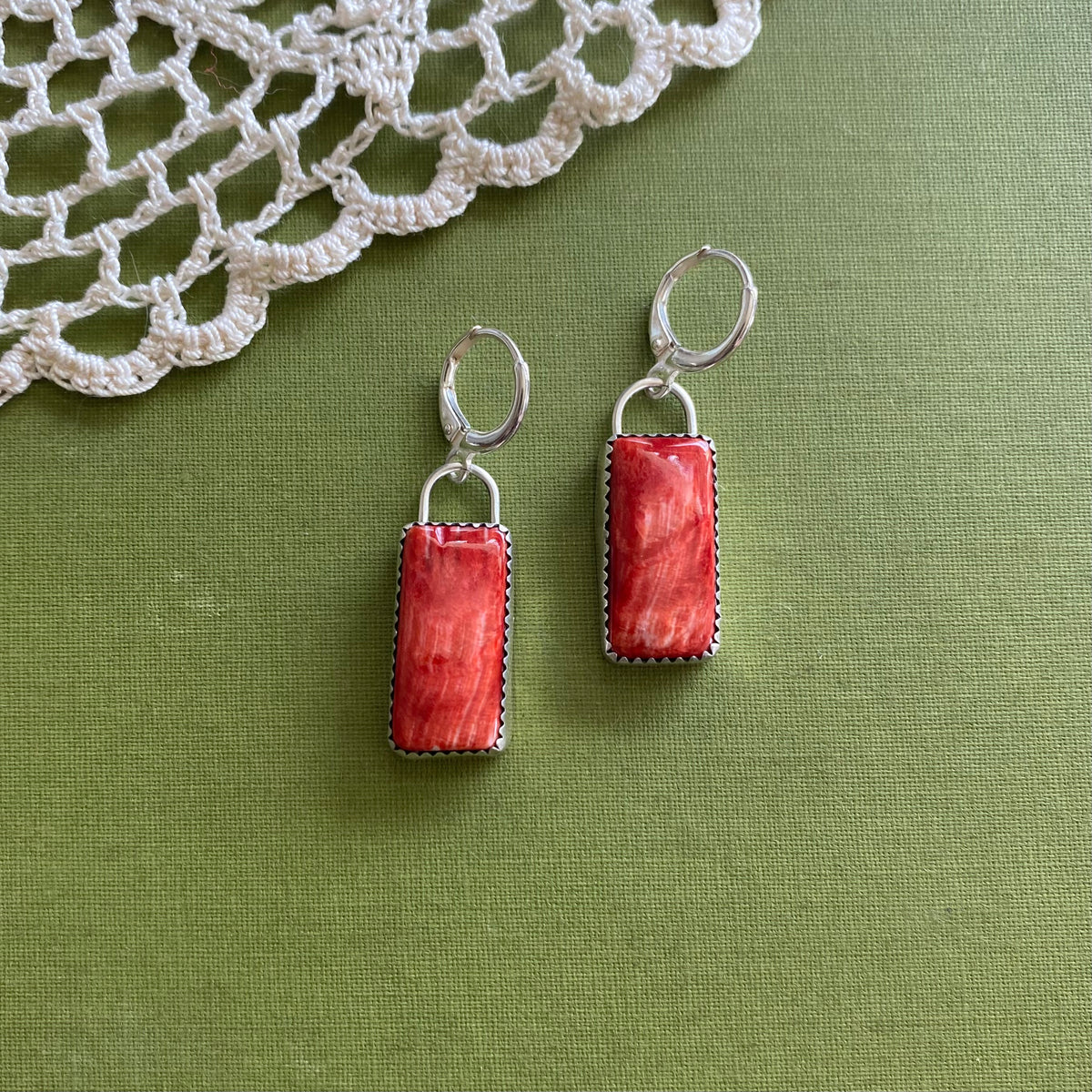 Red Rectangle Spiny Oyster Earrings