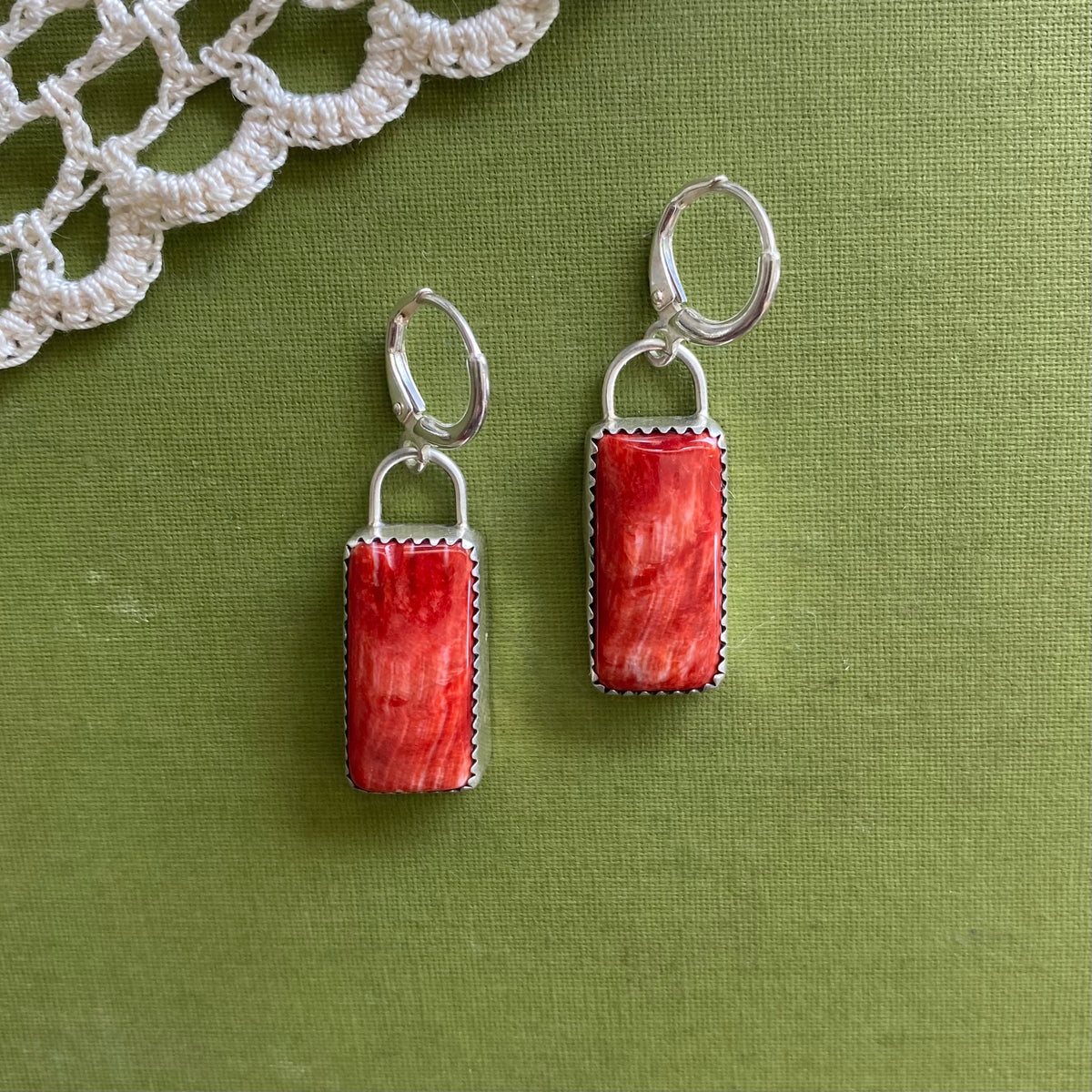 Red Rectangle Spiny Oyster Earrings