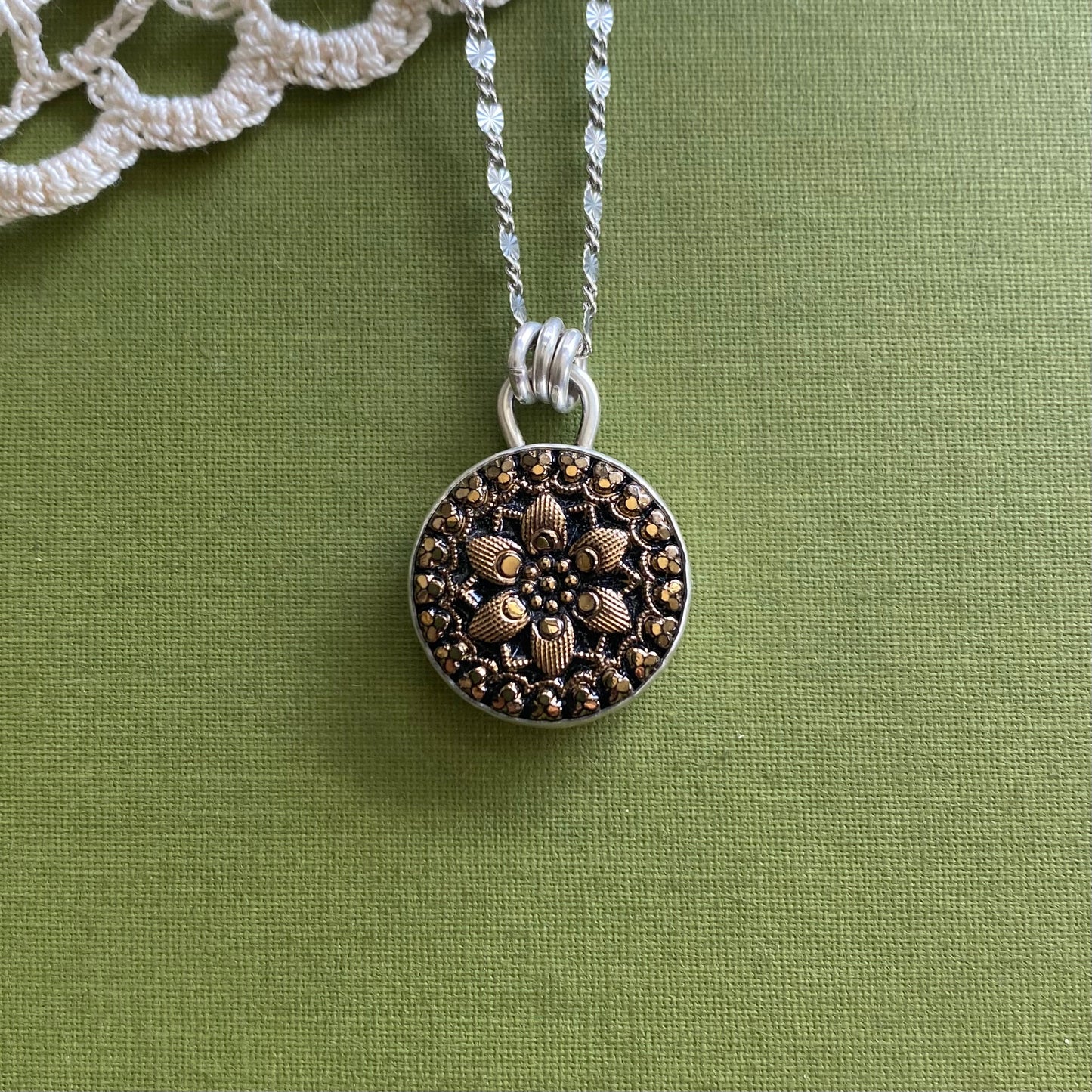 Black & Gold Floral Glass Button Pendant