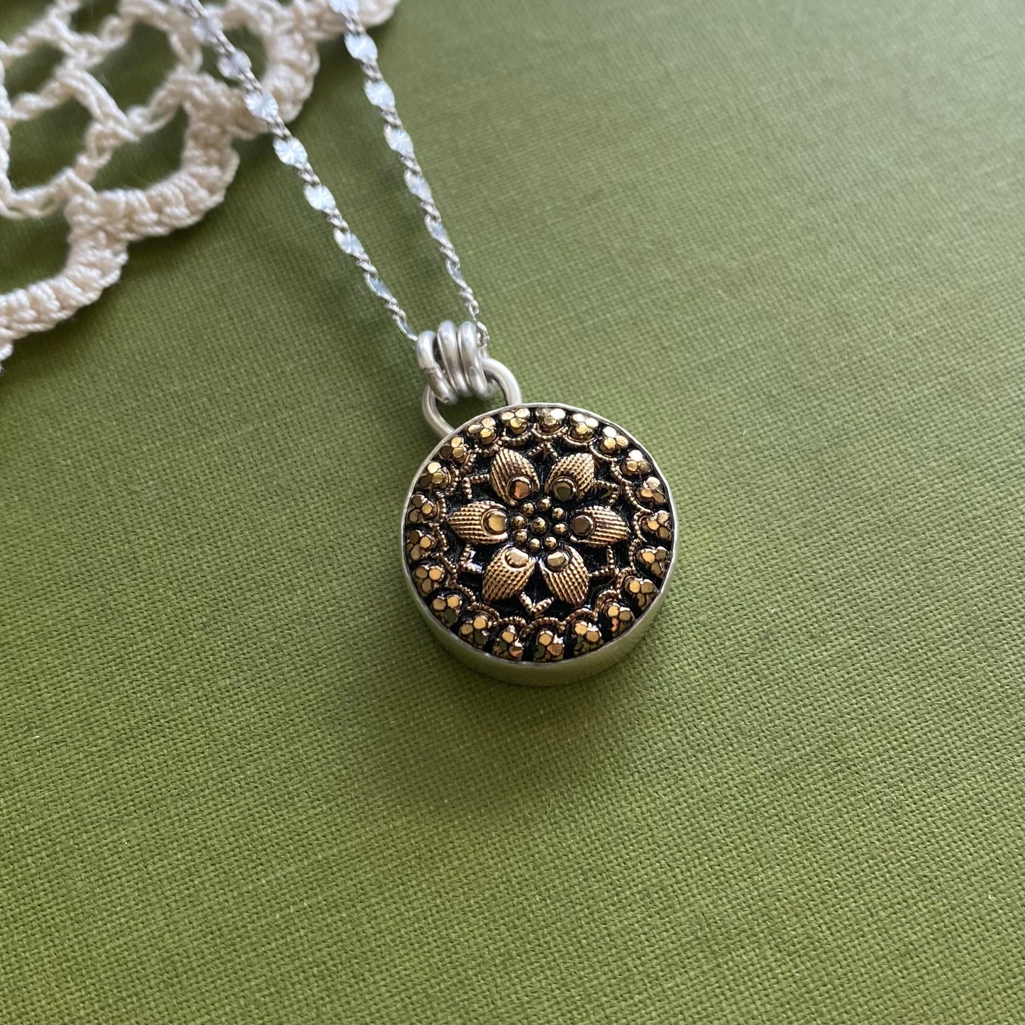 Black & Gold Floral Glass Button Pendant
