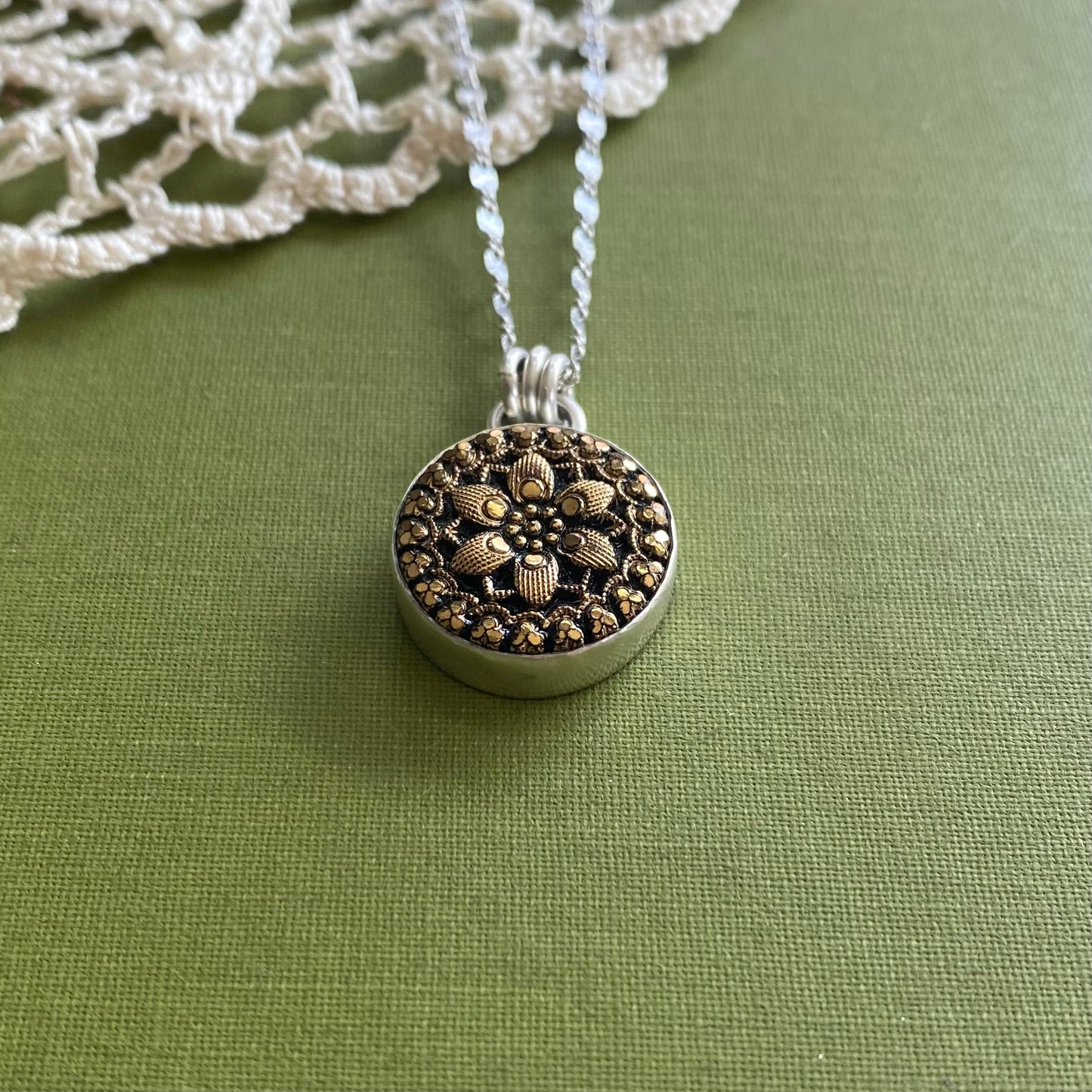 Black & Gold Floral Glass Button Pendant