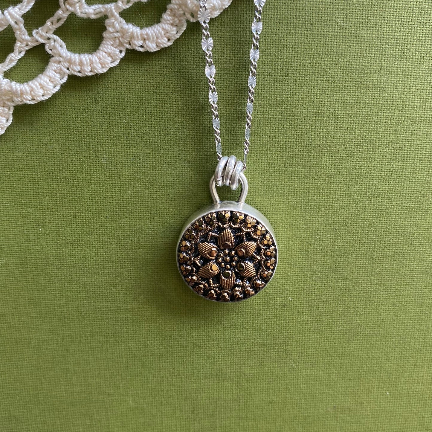 Black & Gold Floral Glass Button Pendant