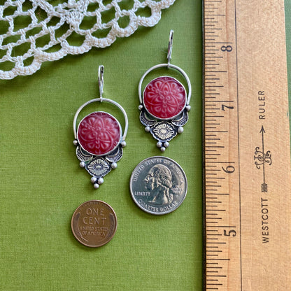 Red Floral Glass Button Earrings