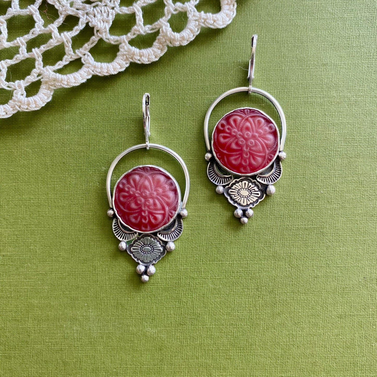 Red Floral Glass Button Earrings