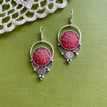 Red Floral Glass Button Earrings