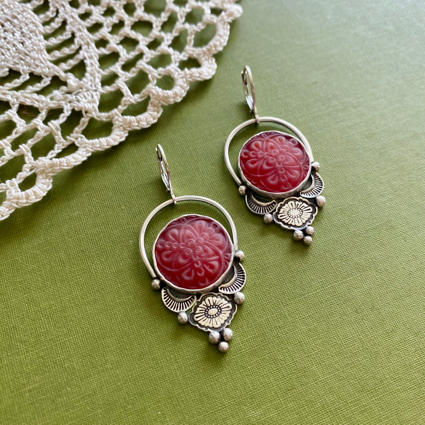 Red Floral Glass Button Earrings