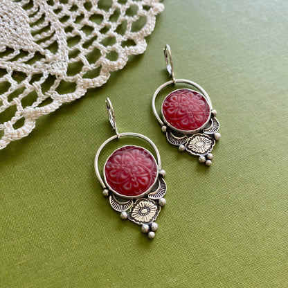 Red Floral Glass Button Earrings