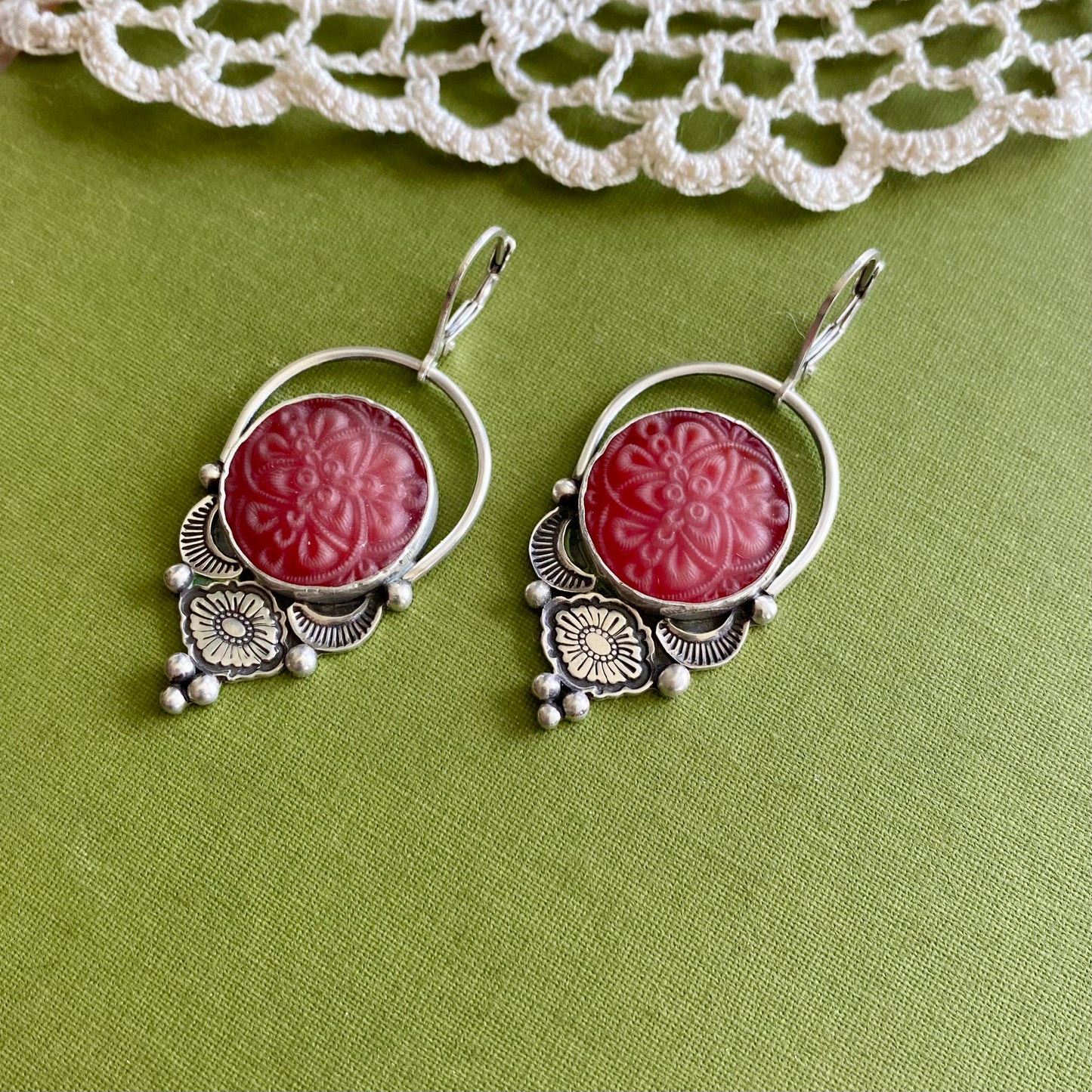 Red Floral Glass Button Earrings