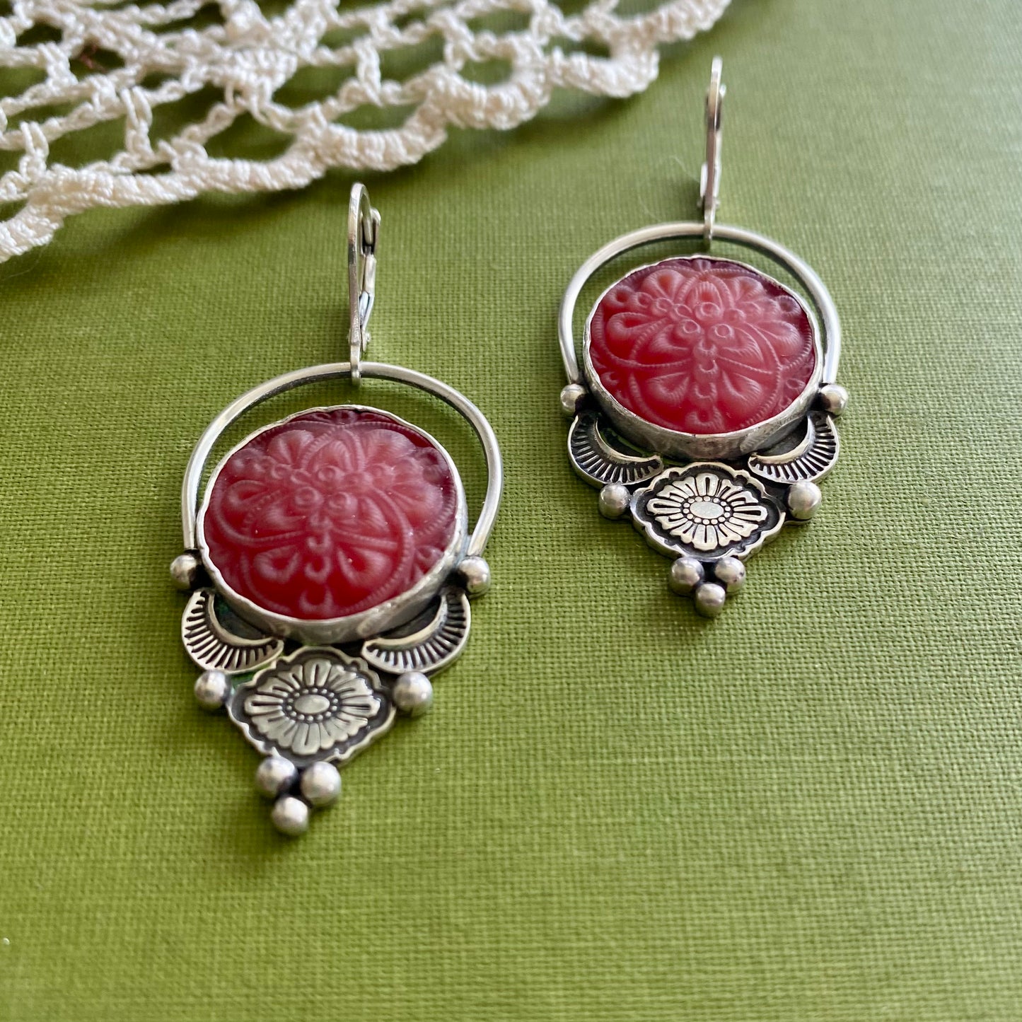 Red Floral Glass Button Earrings