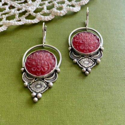 Red Floral Glass Button Earrings