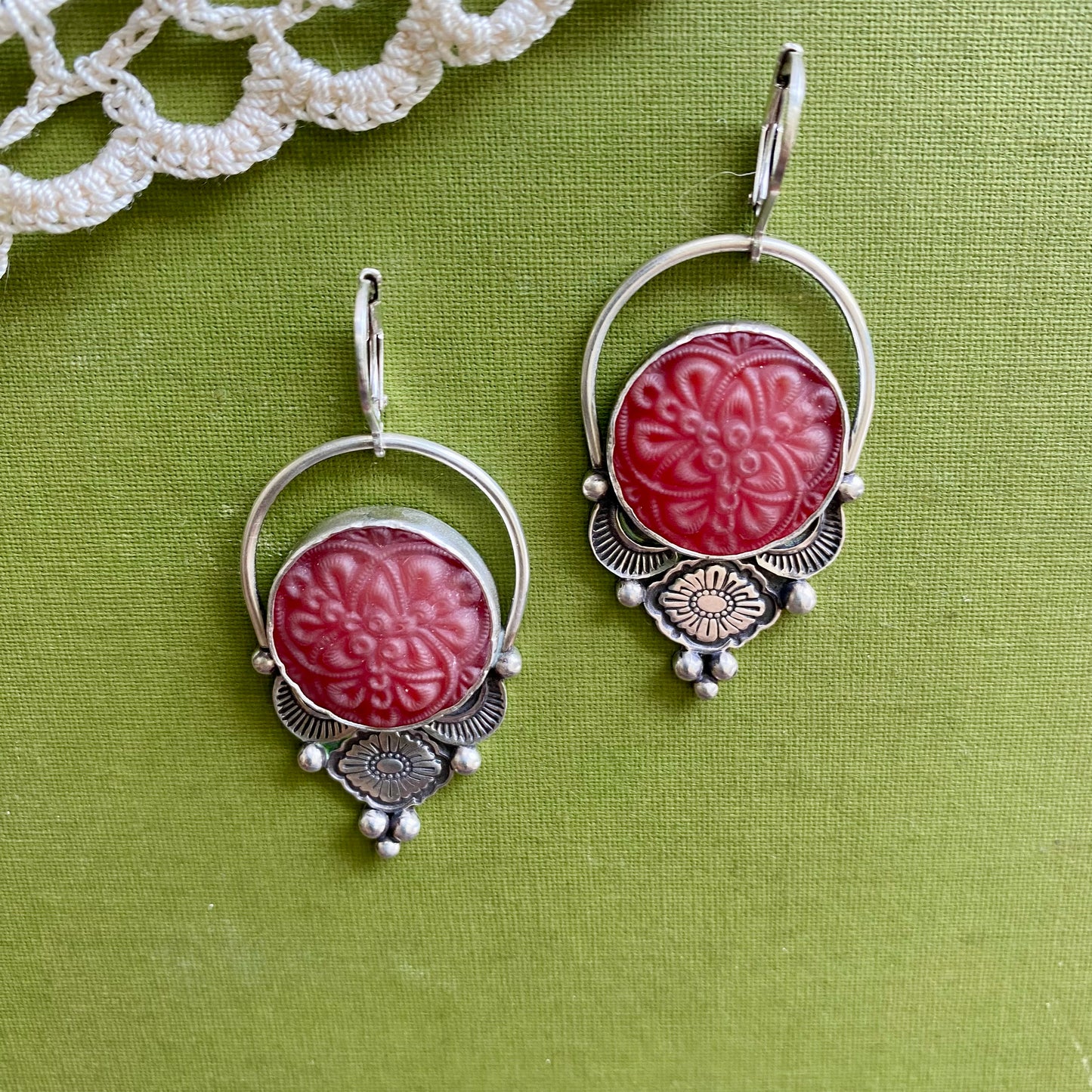 Red Floral Glass Button Earrings