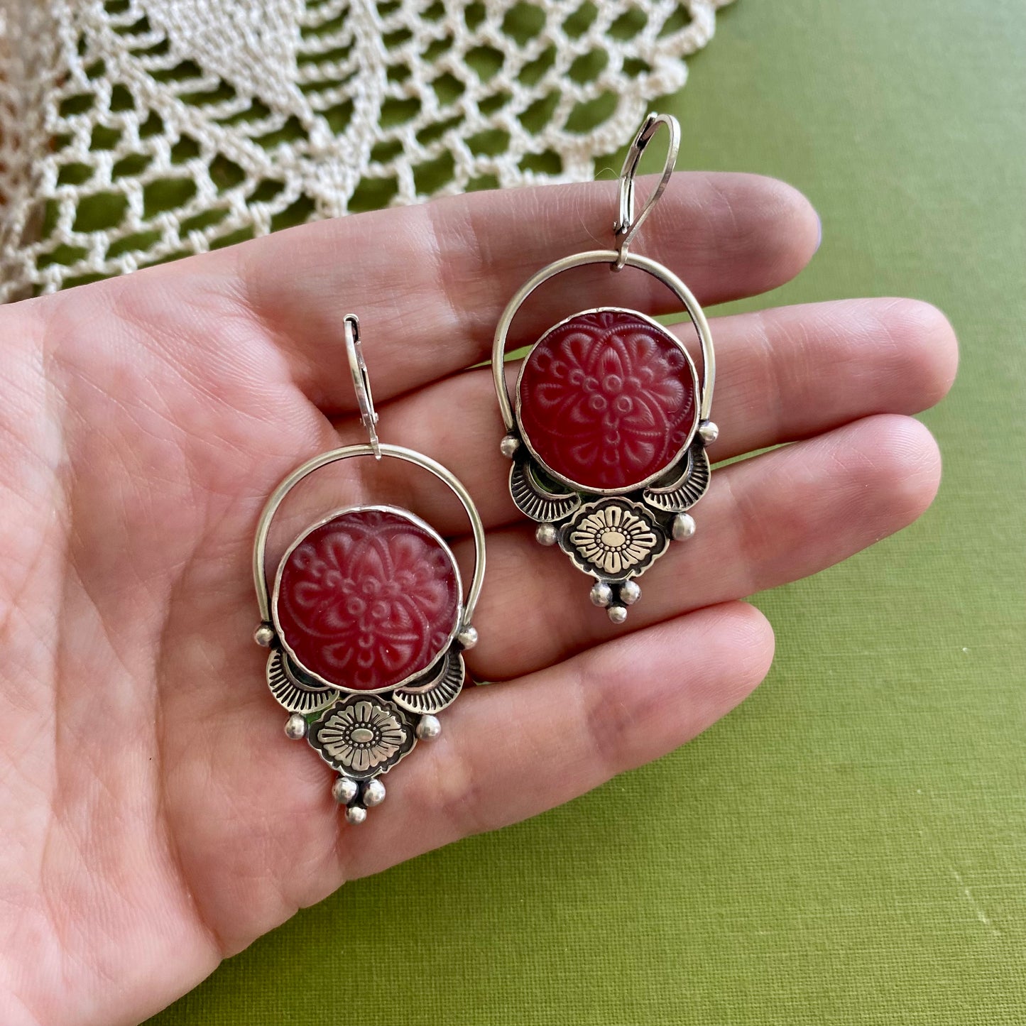 Red Floral Glass Button Earrings