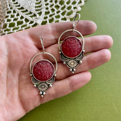Red Floral Glass Button Earrings