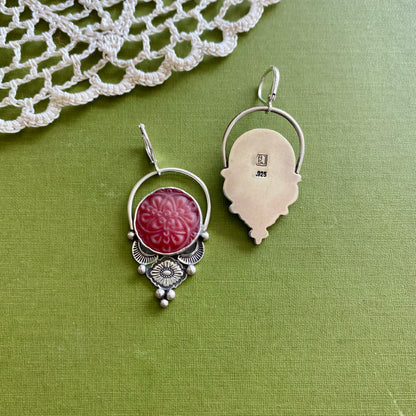 Red Floral Glass Button Earrings