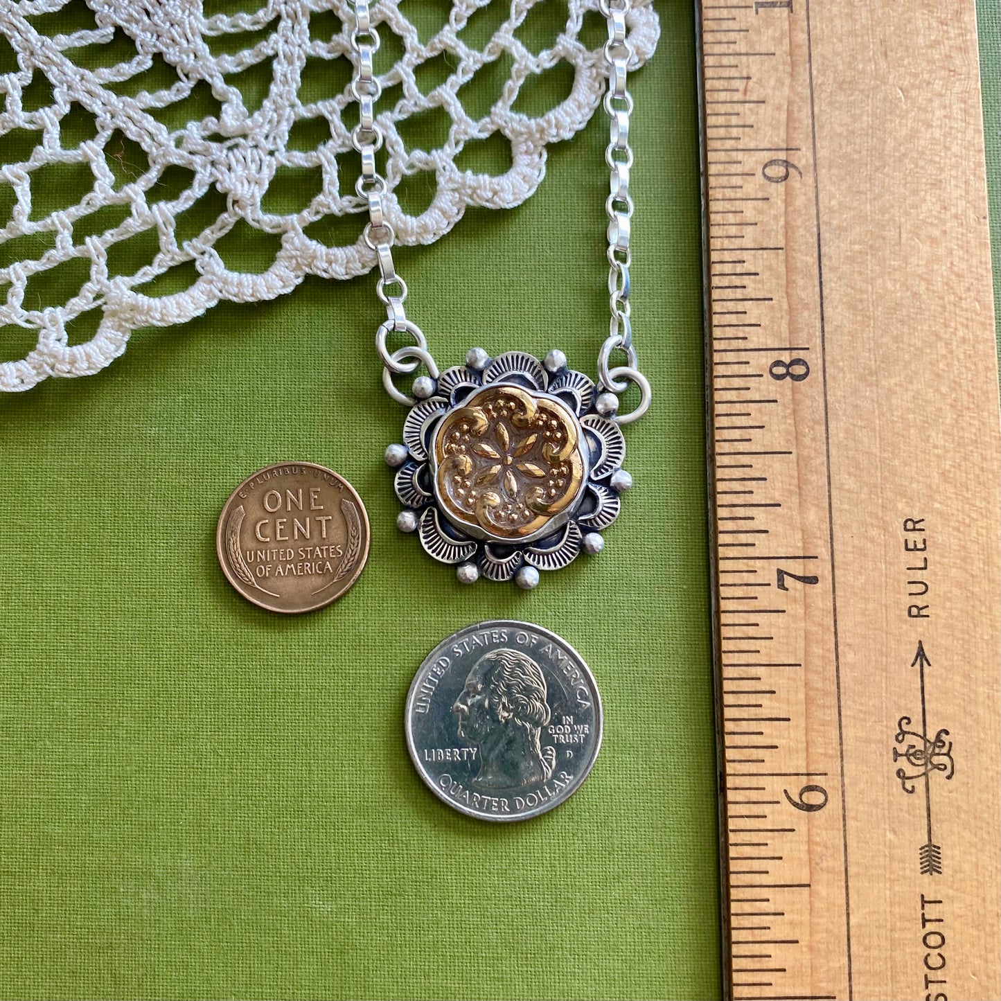 Gold Floral Glass Button Necklace