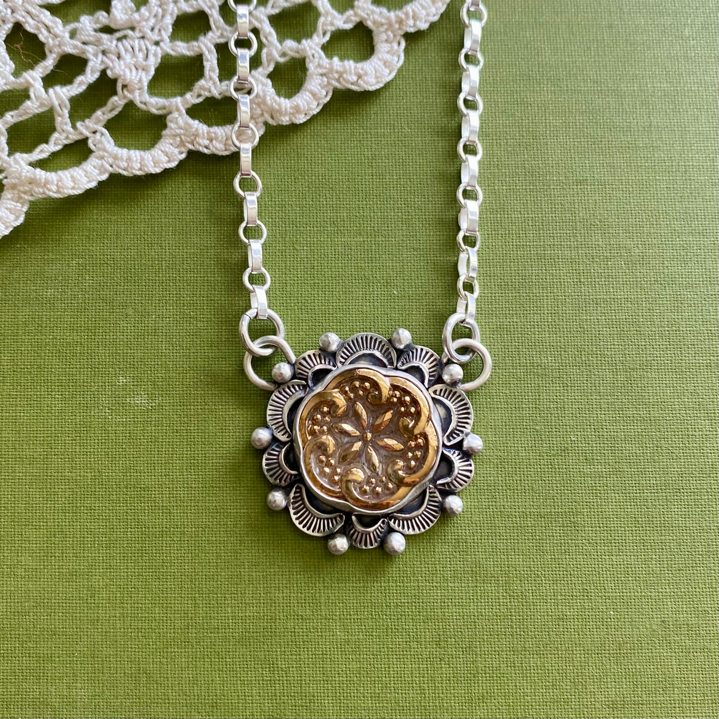 Gold Floral Glass Button Necklace