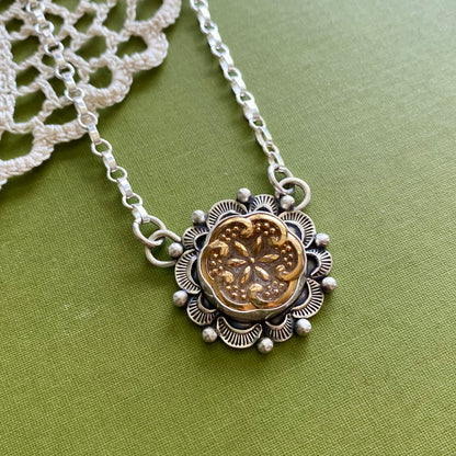 Gold Floral Glass Button Necklace