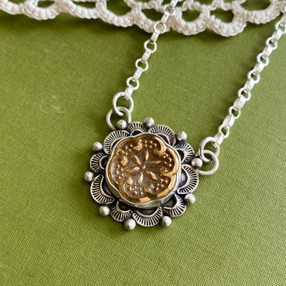 Gold Floral Glass Button Necklace