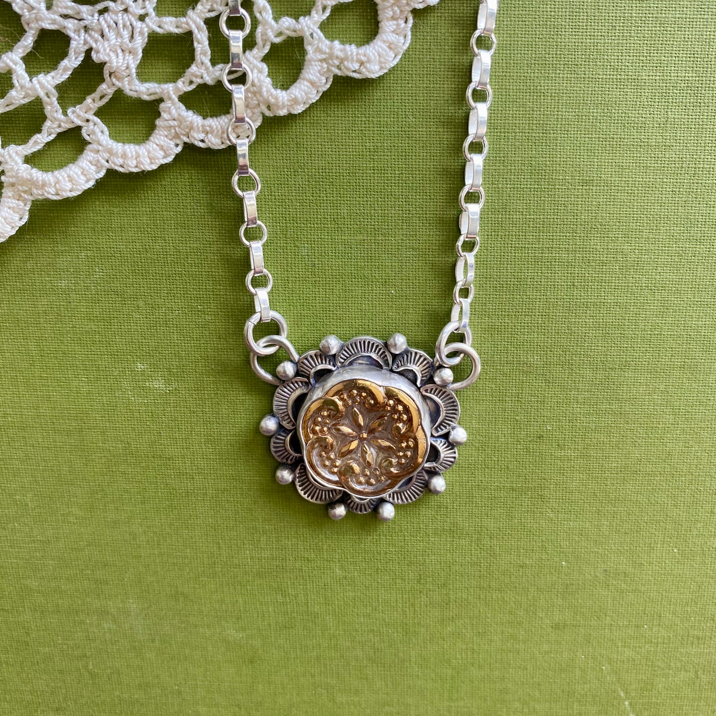 Gold Floral Glass Button Necklace