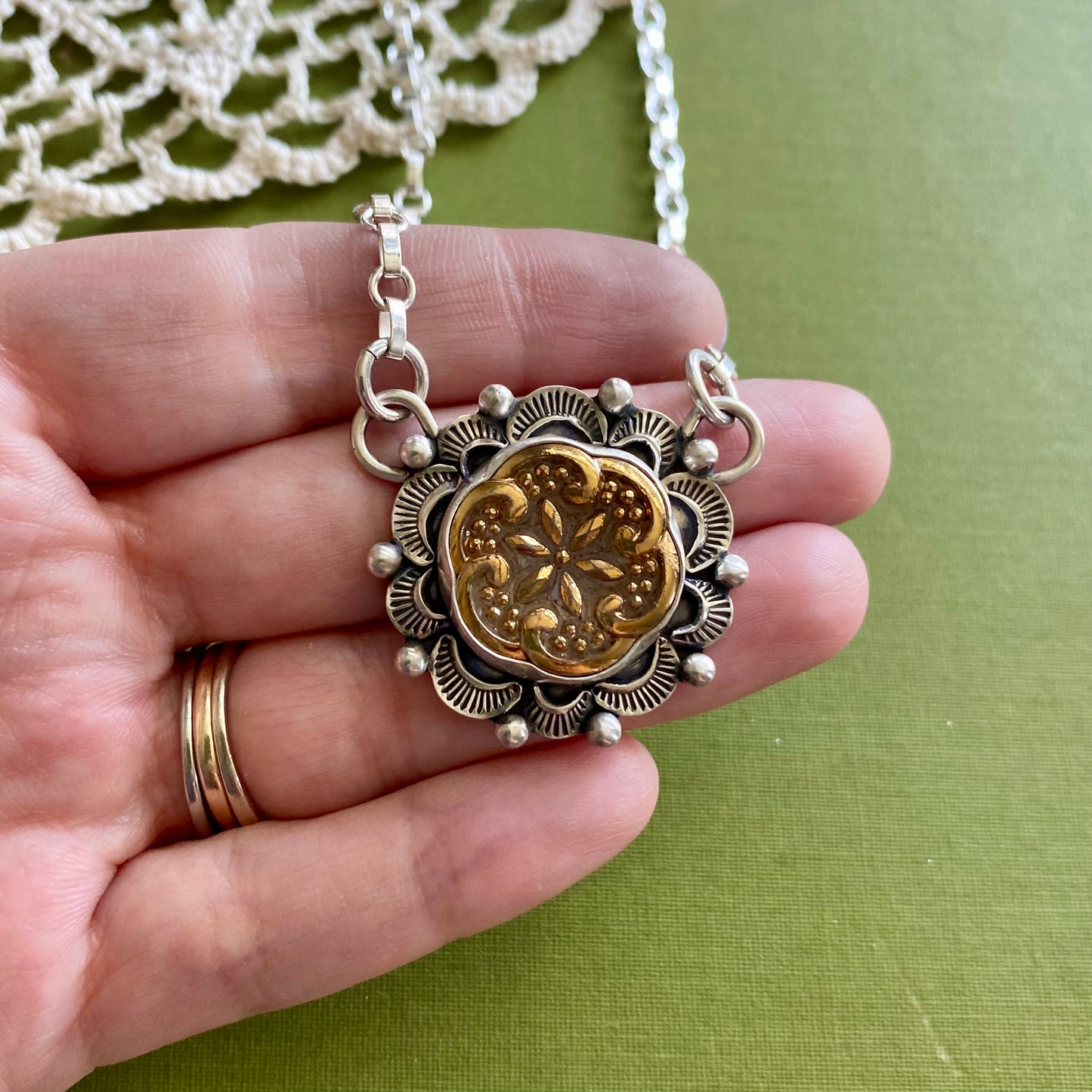 Gold Floral Glass Button Necklace